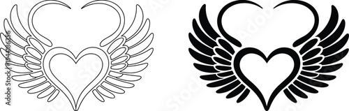 Outline and Solid Black Heart with Wings Design Elements on White Background love romance