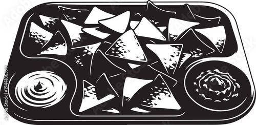 Nachos with dip vector silhouette illustration, line art of mexican food snack