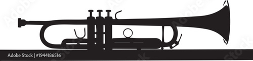 Trumpet musical instrument vector silhouette illustration, line art of brass wind instrument