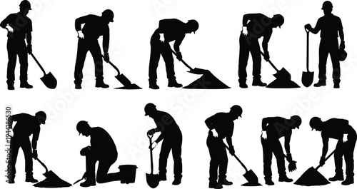 Silhouette sequence of construction workers shoveling soil, digging ground, loading piles, and performing manual labor tasks isolated on white background