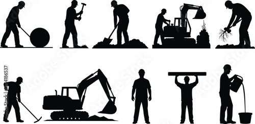 Silhouette set of construction and landscaping workers digging soil, planting trees, operating excavators, ground leveling, and manual outdoor labor isolated on white