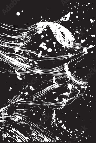 Surreal Monochrome Vector Art of a Human Profile Shattering into a Starry Galaxy and Nebula, Concept of Universal Consciousness, Mental Health, Spiritual Enlightenment, and Inner Peace Exploration.