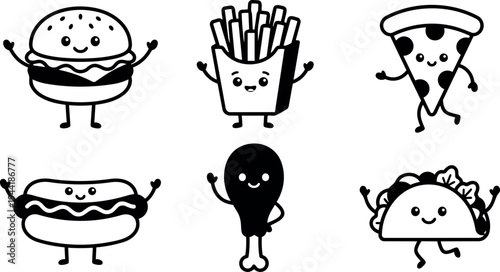 Cute kawaii style happy burger french fries pizza hot dog chicken leg and taco characters vector icons set