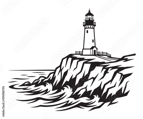 Lighthouse on rocky cliff edge overlooking ocean waves hand drawn silhouette illustration