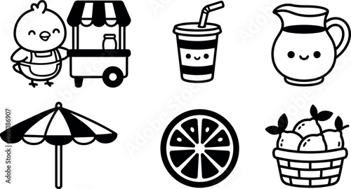 Cute smiling chick vendor with drink cart refreshing juice cup pitcher umbrella orange slice basket fruits vector icons