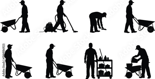 Silhouette set of janitors and maintenance workers cleaning floors, vacuuming, transporting supplies with wheelbarrows, and using professional sanitation equipment isolated on white