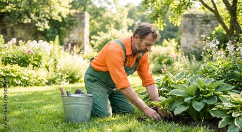 Professional adult White male gardener in orange shirt and green overalls planting flowers in a sunny backyard garden during the day, landscaping and horticulture concept