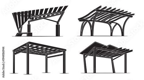 Modern street pergolas. outdoor sunshade structures isolated on background. vector illustrations