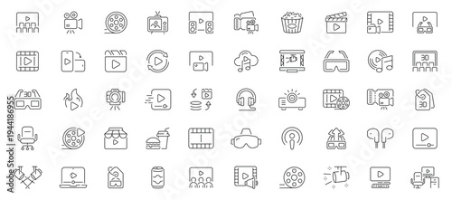 Cinema icons set. editable line icons, outline, movie and film symbols