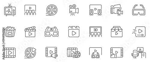 Film and media icons set. editable line icons, outline, cinema and video graphics
