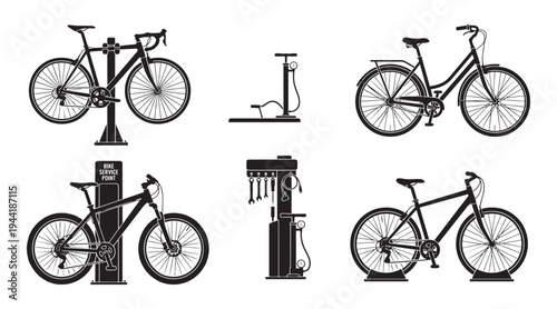 Collection of bicycle service and repair tools and equipment black silhouettes on transparent background