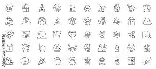 New year icons set. editable line icons, outline, celebration and festive symbols