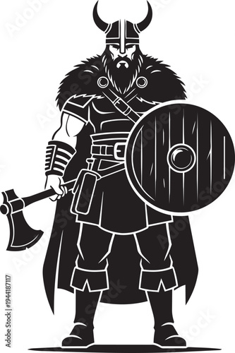 Emblematic depiction of a formidable horned Viking warrior wielding battle axe and shield, representing ancient courage and northern mythology