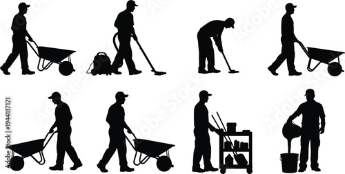Silhouette set of professional janitors and construction workers cleaning, pushing wheelbarrows, vacuuming, mopping floors, and handling maintenance equipment isolated on white background