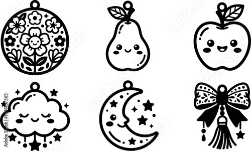 Cute kawaii black and white icons moon cloud pear apple floral ornament bow with tassel happy smiling faces vector art set