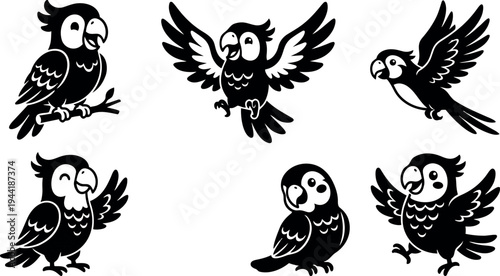 Cute cartoon parrot vector set flying perched smiling sitting and spreading wings in simple black and white silhouette style