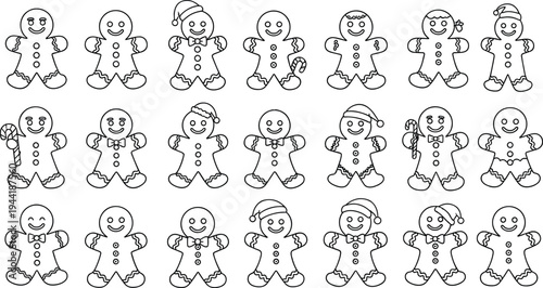 Festive gingerbread man silhouettes with diverse expressions, accessories, candy canes, and icing decorations – flavector