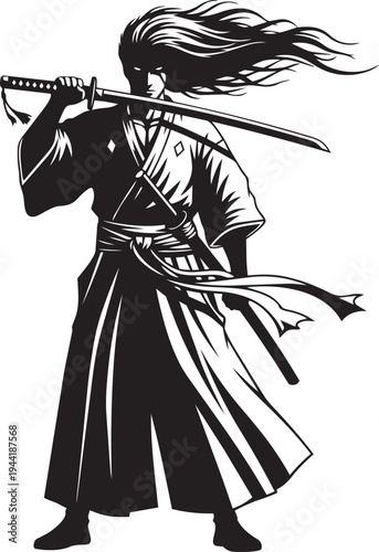 A fierce warrior with flowing hair and a katana sword, depicted in a bold silhouette graphic illustration