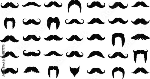 Collection of black silhouette mustaches and beards on a white background facial hair