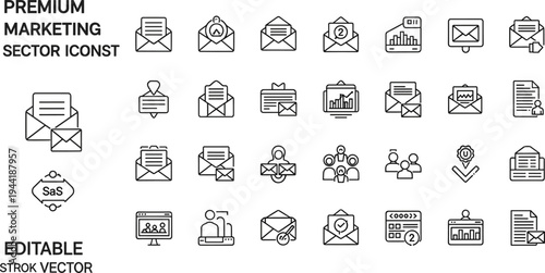 Marketing communication and email campaign line icon set with newsletter messaging CRM automation analytics and digital marketing tools