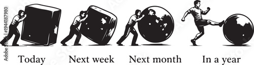 Conceptual Vector Illustration of Personal Growth and Progress Showing a Man Transforming a Heavy Square Block into a Smooth Sphere Over Time to Achieve Success and Efficiency through Consistency.