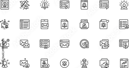 Notification alerts and messaging system line icon set featuring email reminders warnings updates and communication tools