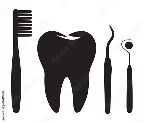 Black silhouette of tooth and dental hygiene tools including toothbrush dental probe and mirror on transparent background