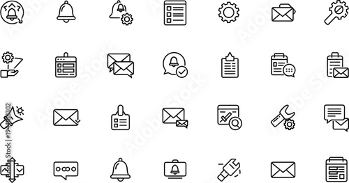 Notification and messaging system line icon set featuring alerts reminders email communication settings maintenance and user interface tools