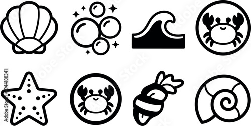 Minimalist line art vector icons of sea shell bubbles ocean wave crabs starfish shrimp and seashell spiral design set
