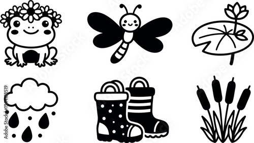 Cute cartoon frog wearing flower crown smiling happy dragonfly flying close up lotus leaf with flower rain shower droplets rubber boots and cattail plants vector art