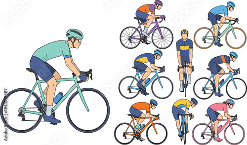 Flavector diverse cyclist illustration set showing colorful road bicycle riders in racing posture vector design