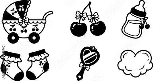 Cute baby stroller baby bottle socks and cherry icons with heart hand mirror and cloud vector art