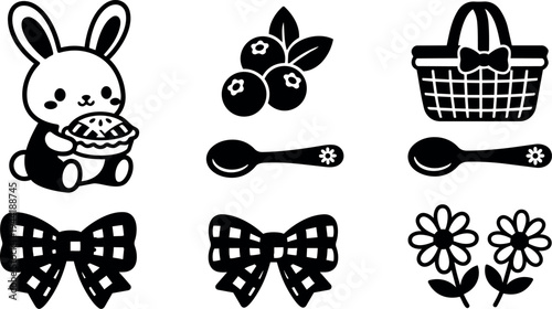 Cute cartoon bunny holding pie with blueberries decorative spoons picnic basket gingham bows and daisies vector icons set
