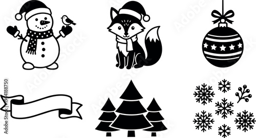 Black and white vector art of snowman with bird fox with scarf holiday christmas ornament trees and snowflakes collection