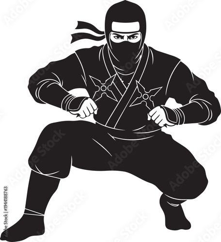 Dynamic illustration of a stealthy ninja warrior in a ready combat stance, holding shurikens, depicting ancient martial arts skill and covert operations