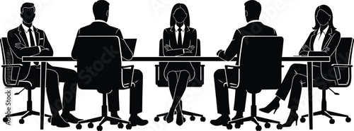 Business people meeting in boardroom silhouette set with executives sitting at conference table cad drawing flat vector illustration isolated