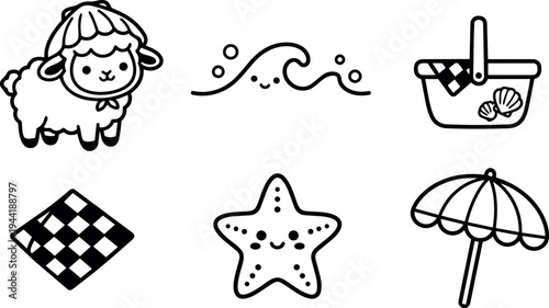 Cute kawaii cartoon lamb wave starfish picnic basket umbrella black outline vector set