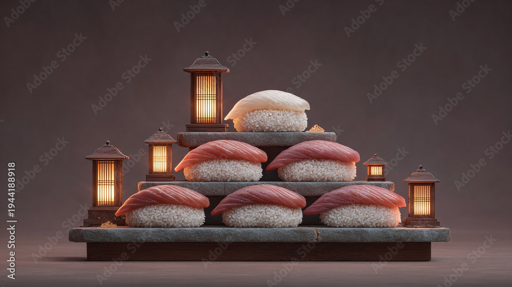 Obraz premium Exquisite Sushi Presentation: A Captivating Showcase of Culinary Art with Elegant Flavors and Traditional Japanese Techniques for Dessert and Dining Enthusiasts