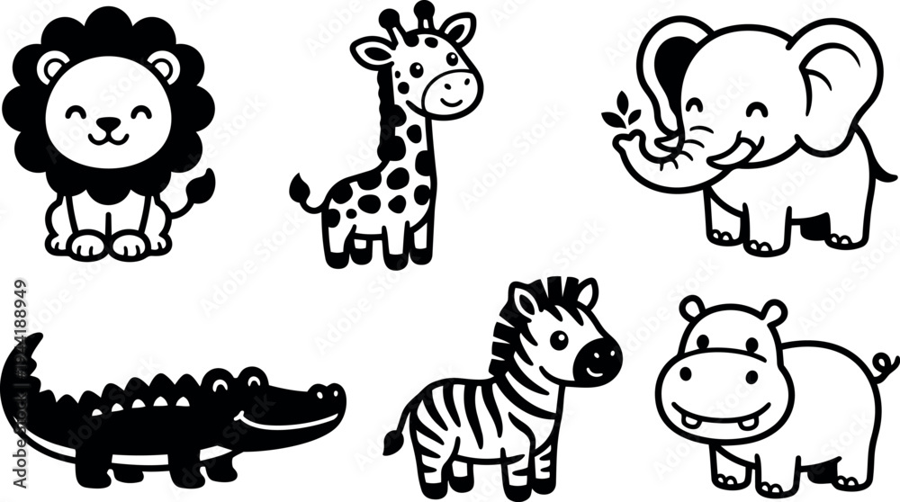 Naklejka premium Cute black and white vector art of smiling lion giraffe elephant crocodile zebra and hippopotamus in playful cartoon style