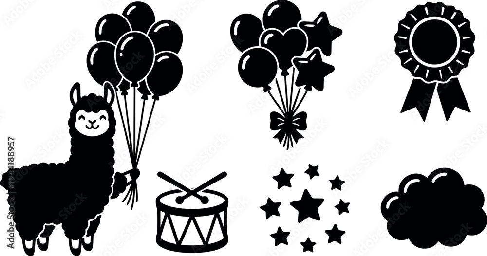 Obraz premium Cute alpaca holding balloons with star shaped balloons drum and decorative award ribbon playful silhouette flat design style set