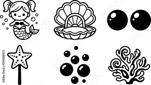 Cute mermaid girl smiling with bubbles underwater seashell open clam starfish magic wand coral reef vector icons set