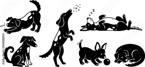 Black and white flat design playful dogs in various poses barking sleeping and playing with ball vector art