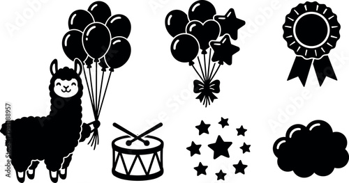 Cute alpaca holding balloons with star shaped balloons drum and decorative award ribbon playful silhouette flat design style set