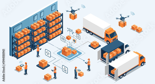 Logistics and transportation workers loading trucks.