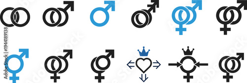 Gender identity and equality symbol icon set featuring male, female, transgender and nonbinary signs, modern flat vector collection for diversity awareness