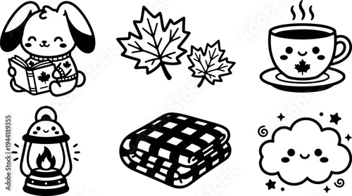 Cute kawaii style dog reading maple leaf book with cozy lantern blanket cloud and smiling coffee cup icons set