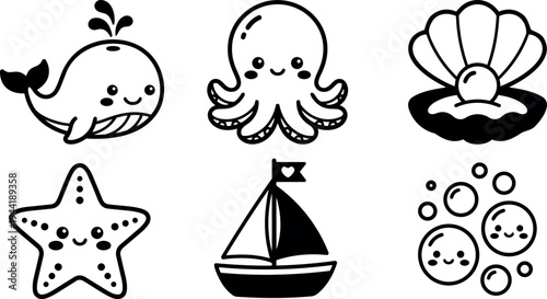 Cute kawaii style smiling whale octopus starfish pearl shell sailboat and bubbles black and white vector art
