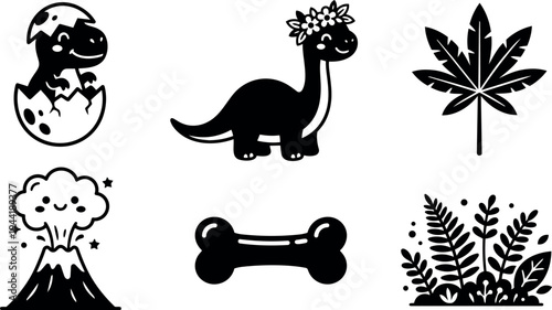 Cute dinosaur hatching from egg smiling cartoon with flower crown and prehistoric bone and leafy plants icons vector art