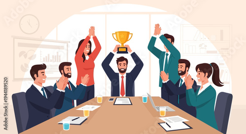 Business team celebrating with trophy.