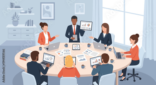 Business people sitting around meeting table.